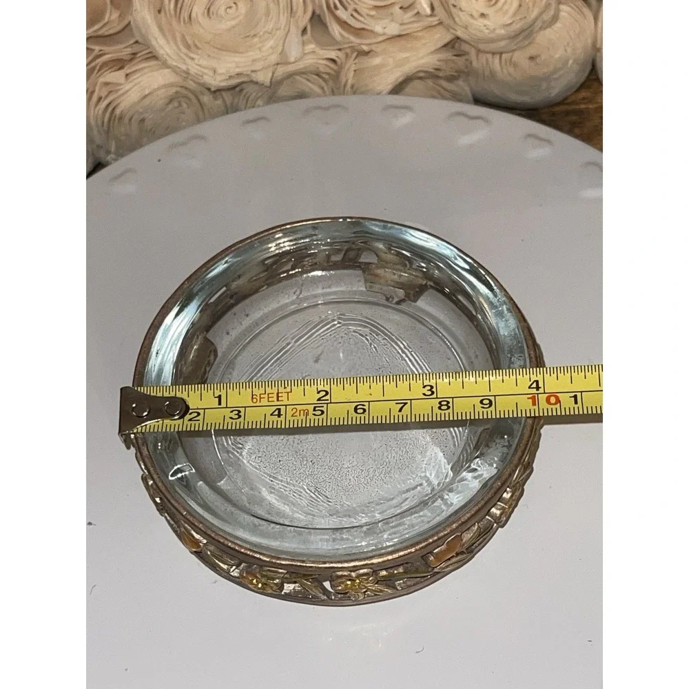 Vintage Clear Glass Ashtray With Gold‎ Tone Floral Ornate Footed Stand Holder